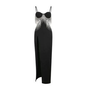 Rhinestone Fringe Split Maxi Dress